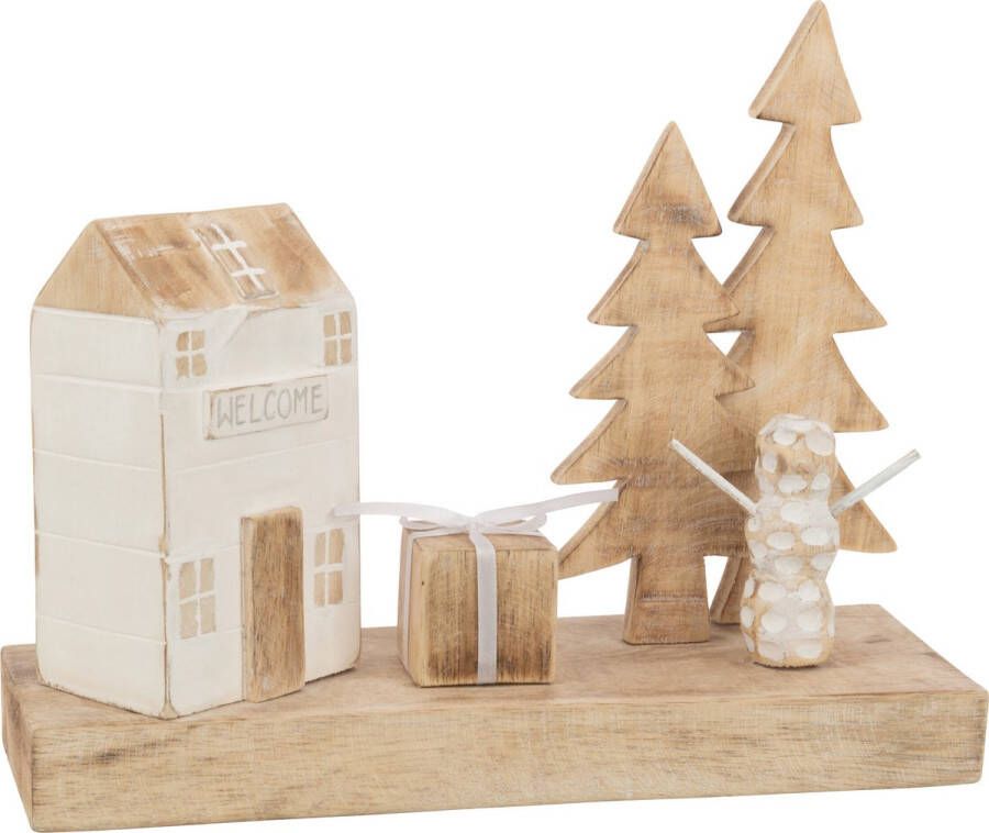 J-Line Kerstdorp zonder verlichting hout naturel & wit 30 cm kerstversiering voor binnen