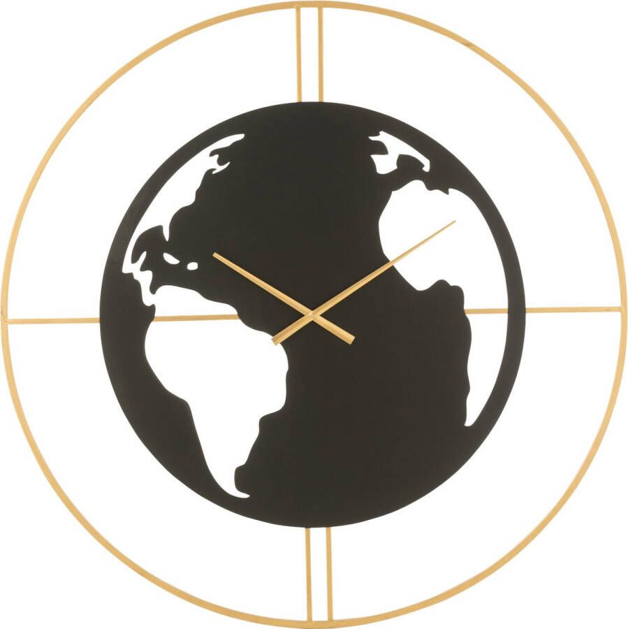 J-Line Wereldkaart Gaten klok metaal zwart & goud large Ø 4 cm woonaccessoires