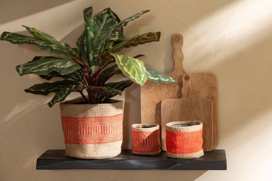 J-Line Set Van 2 Mand Rond+Band Jute Naturel Oranje Xs S 2 stuks
