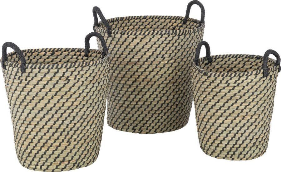 J-Line Set Van 3 Mand Rond Handvatten Stro Naturel|Zwart