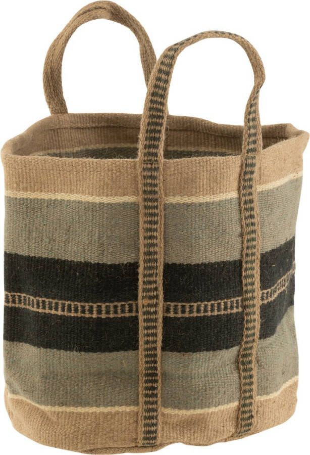 J-Line Mand Rond+Patroon Handvaten Jute Naturel Blauw 2 stuks