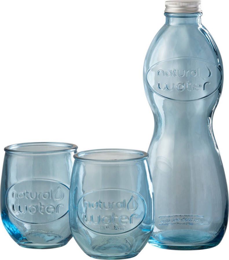 J-Line Natural Water fles + 2 glazen glas lichtblauw woonaccessoires