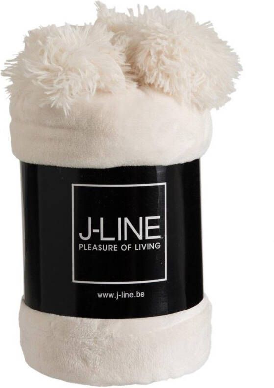 J-Line Plaid Pompom fleece deken polyester licht beige 170 x 130 cm woonaccessoires