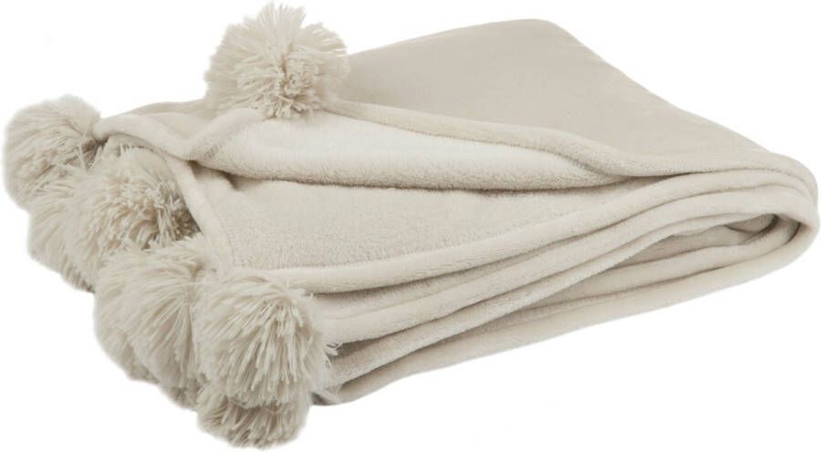 J-Line Plaid Pompom fleece deken polyester donker beige 170 x 130 cm woonaccessoires