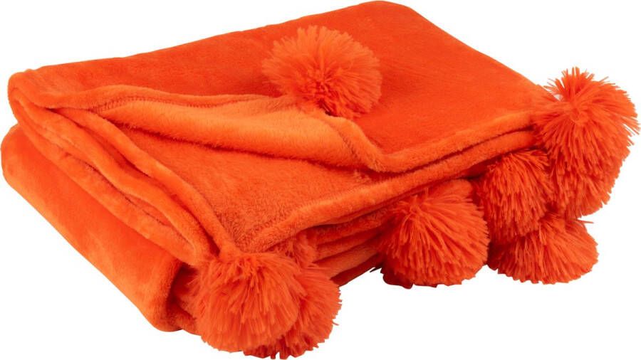 J-Line Plaid Pompom fleece deken polyester oranje 170 x 130 cm woonaccessoires