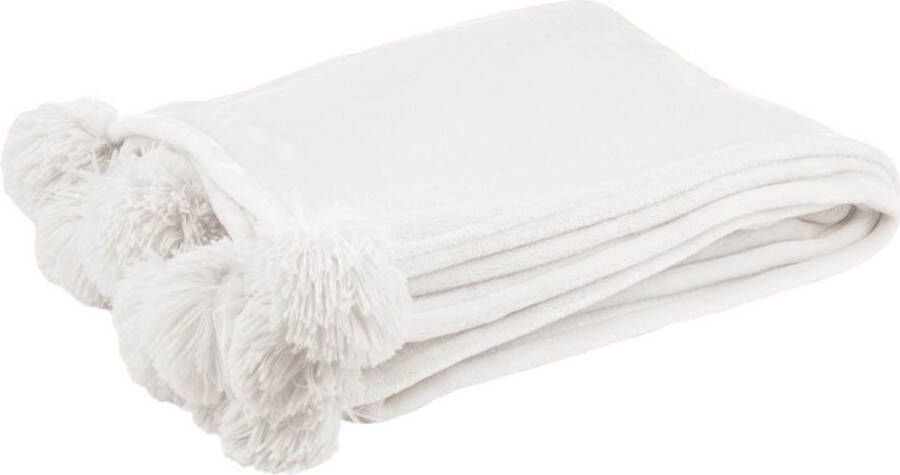 J-Line Plaid Pompom fleece deken polyester wit 170 x 130 cm woonaccessoires