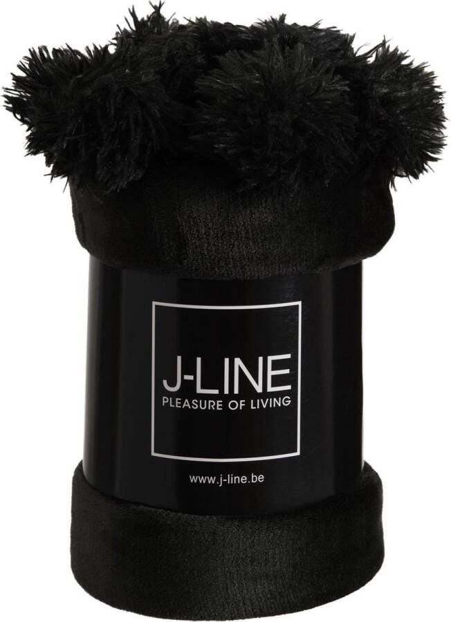 J-Line Plaid Pompom fleece deken polyester zwart 170 x 130 cm woonaccessoires