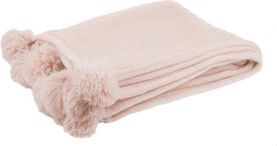 J-Line Plaid Pompom fleece deken polyester lichtroze 170 x 130 cm woonaccessoires