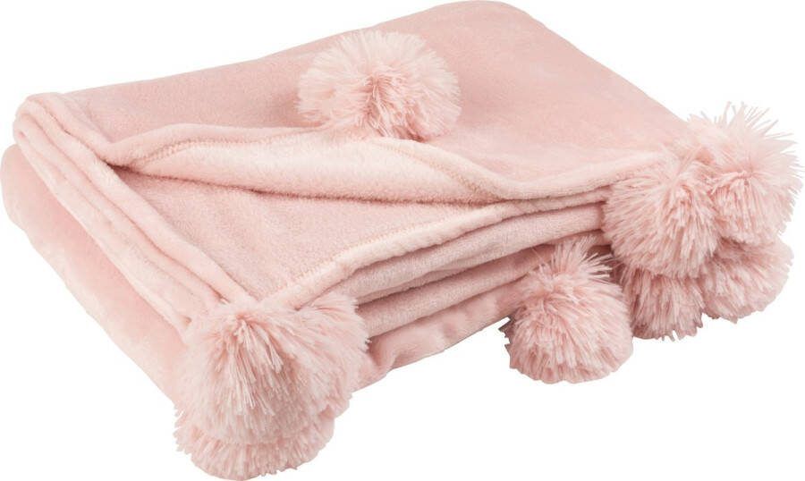 J-Line Plaid Pompom fleece deken polyester zachtroze 170 x 130 cm woonaccessoires