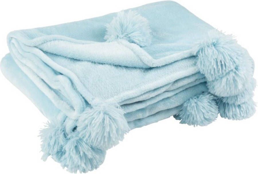 J-Line Plaid Pompom fleece deken polyester hemelsblauw 170 x 130 cm woonaccessoires