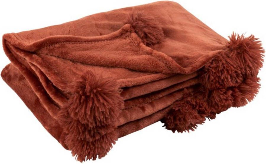 J-Line Plaid Pompom fleece deken polyester Marsala rood 170 x 130 cm woonaccessoires