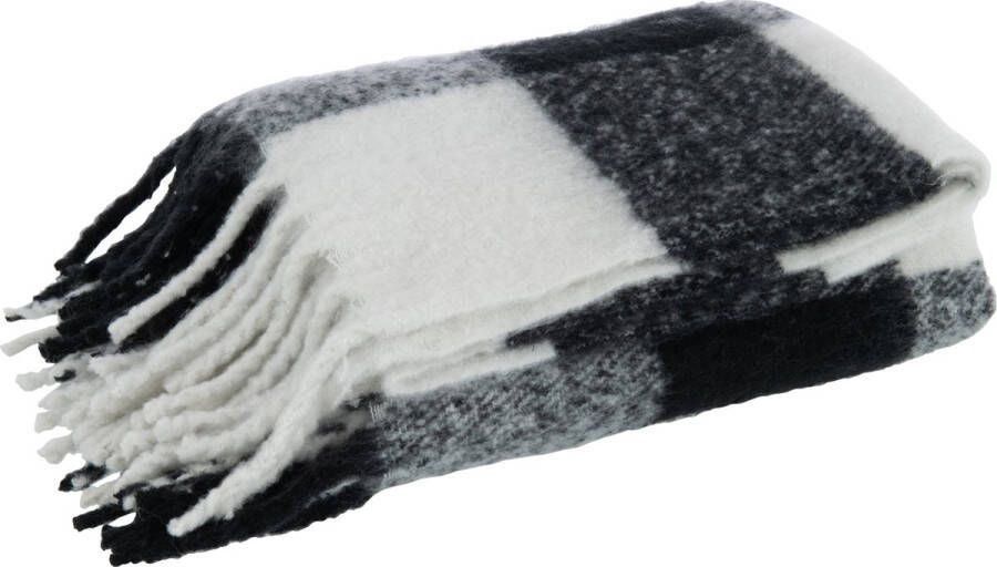 J-Line Plaid tegels polyester zwart & wit 152 x 127 cm woonaccessoires