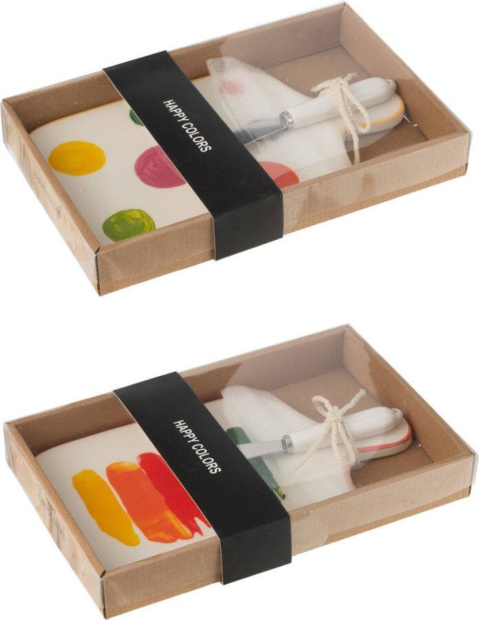 J-Line Kaasplateau+ Mes In Giftbox Polka Stip Streep Porselein Mix Assortiment Van 2 Dienblad 25.50 x 16.20 cm