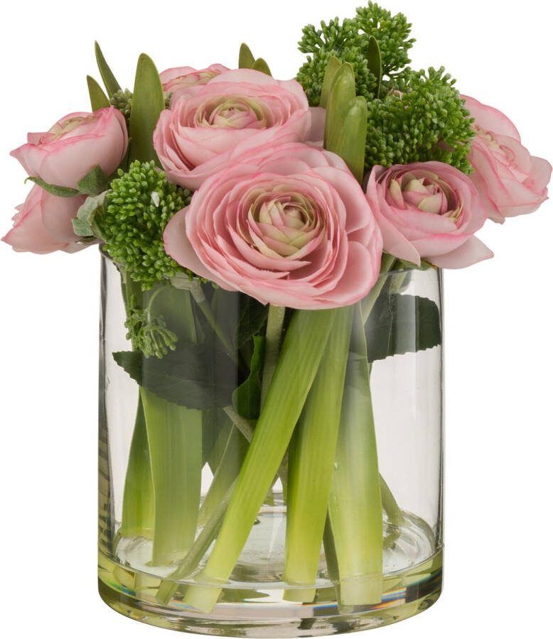 J-Line J Line Ranonkel In Vaas Plastiek Glas Roze Groen Large