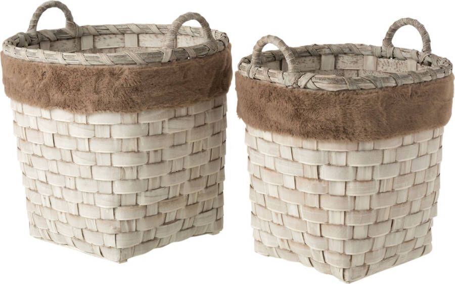 J-Line Set Van 2 Manden Rond Met Handvaten Imitatiebont Afneembaar Rotan Plat Bruin