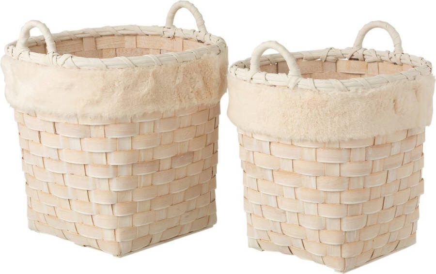 J-Line Set Van 2 Manden Rond Met Handvaten Imitatiebont Afneembaar Rotan Plat Naturel White Wash