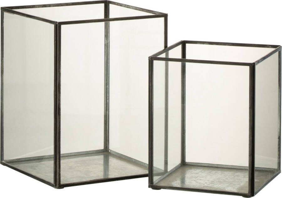 J-Line Set Van Twee Kaarshouder Vierkant Glas Metaal Zwart Kaarsenhouder 20.00 x 20.00 x 25.00 cm 1 stuks