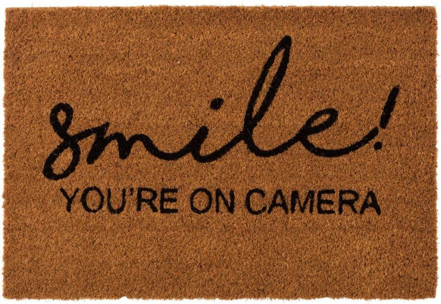 J-Line Smile! deurmat voor binnen & buiten kokosvezel naturel & zwart woonaccessoires