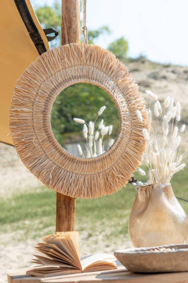 J-Line Spiegel Hangend Rond Riet Raffia Naturel Wandspiegel 61.5 x 61.5 cm