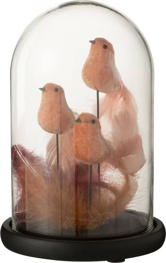 J-Line Stolp 3 Vogels+Pluimen Glas Roze Bordeaux