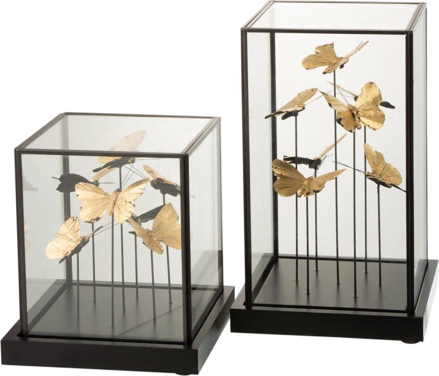 J-Line Stolp met Vlinders – Glazen Decoratie met Zwart Metaal – Industrieel Design 32 cm hoog