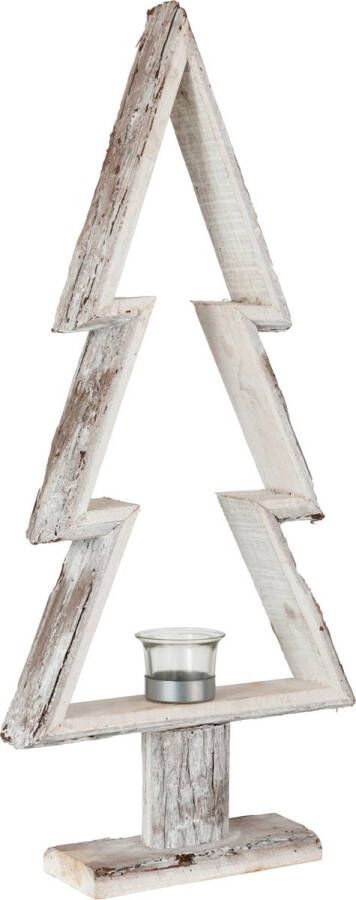 J-Line theelichthouder Kerstboom hout bruin|wit large
