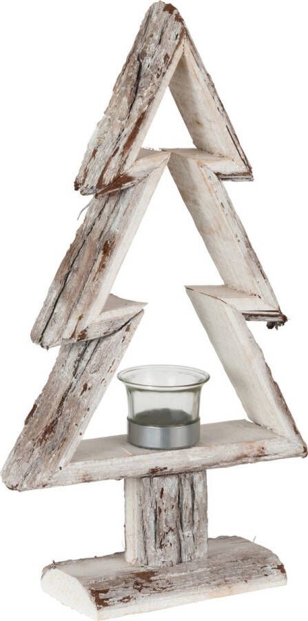 J-Line theelichthouder Kerstboom hout bruin|wit small