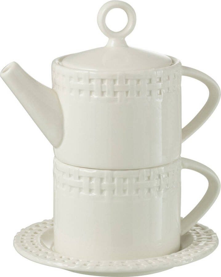 J-Line theepot + theekop keramiek wit woonaccessoires