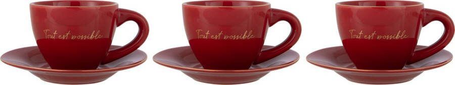 J-Line Tout Est Possible kopje + schoteltje porselein rood & goud 3 stuks woonaccessoires