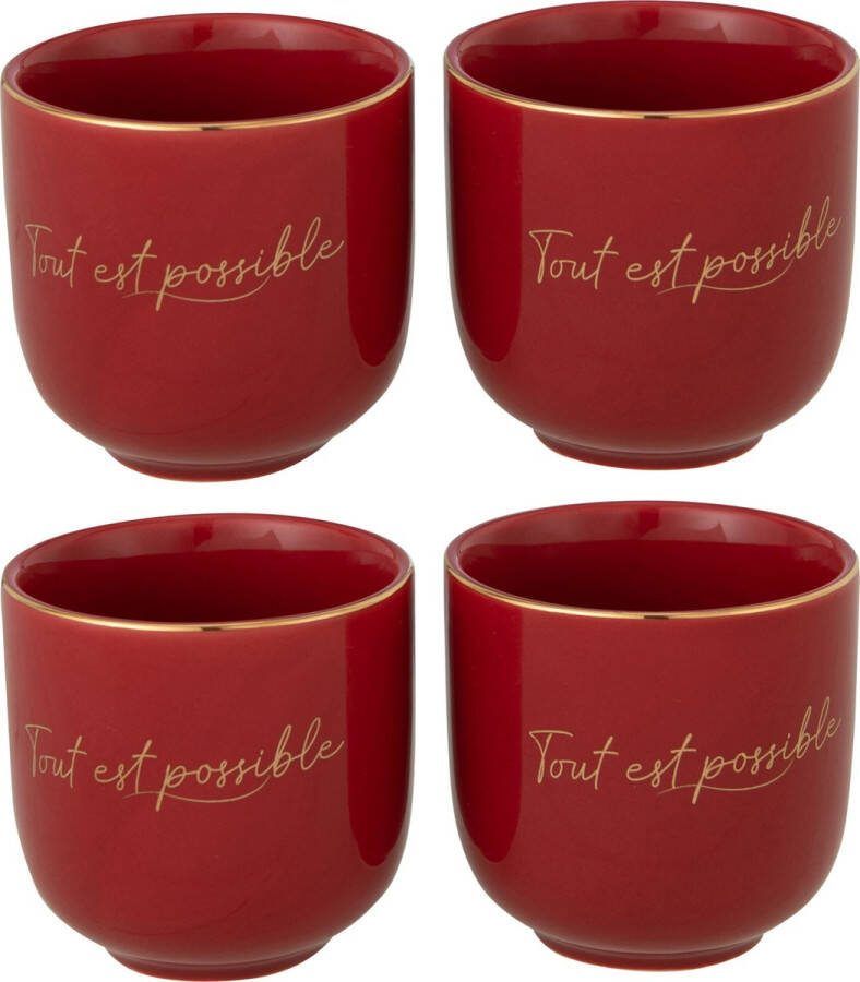 J-Line Tout Est Possible mok porselein rood & goud 4 stuks woonaccessoires