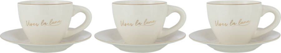 J-Line Viser La Lune kopje + schoteltje porselein wit & goud 3 stuks woonaccessoires