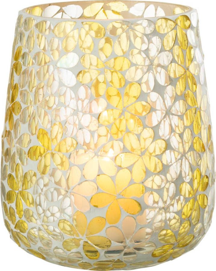 J-Line Windlicht Bloemen Glas Geel|Zilver Large