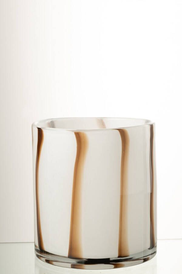 J-Line Windlicht Strepen Safari Glas Wit Bruin Medium