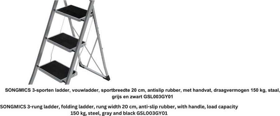 Jacer 3-sporten ladder vouwladder sportbreedte 20 cm antislip rubber met handvat draagvermogen 150 kg staal grijs en zwart