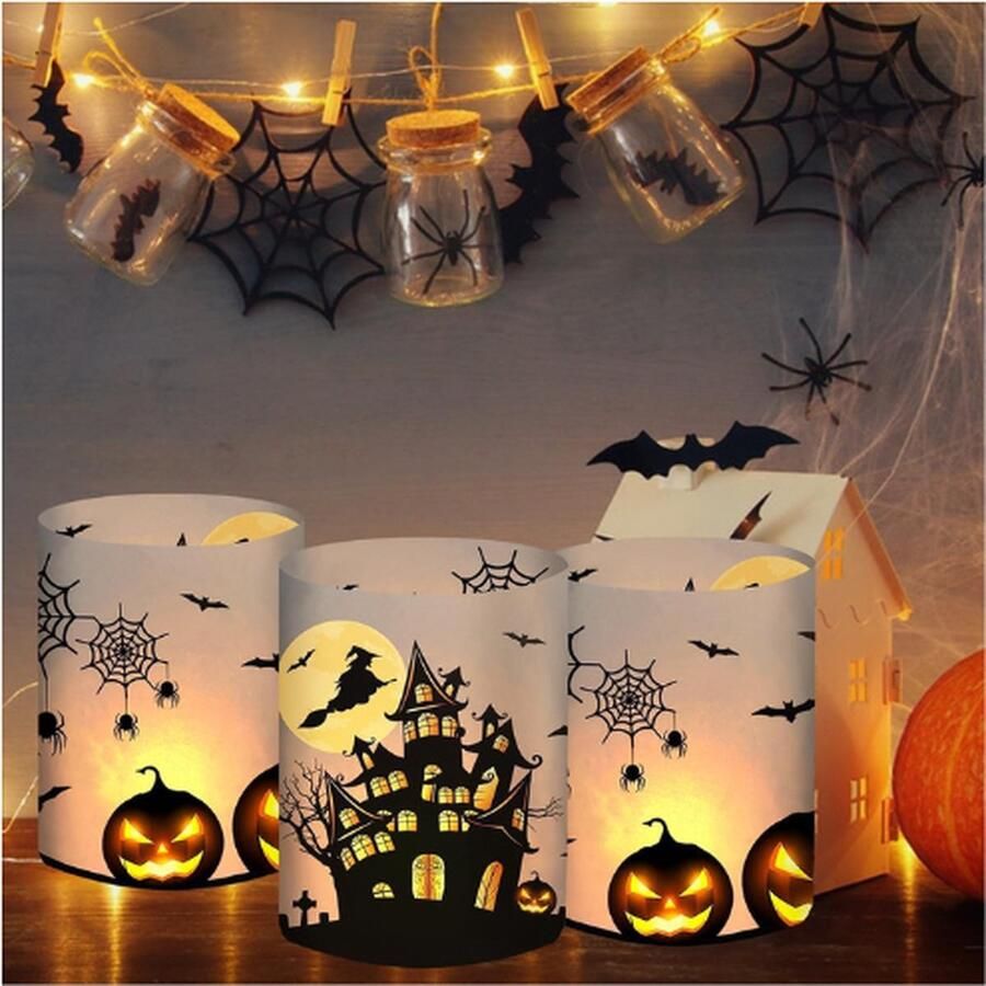 Jacer Set Van 12 Halloween Windlichten Tafeldecoratie Met Pompoen Vleermuis Heks En Spinnenweb Geschikt Voor Theelichtjes Of Kaarsen Binnen En Buiten Decor