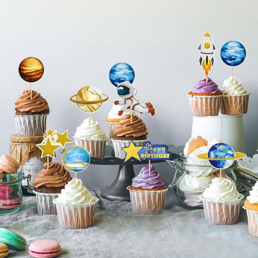 Jacey's TREASURES Ruimte Cupcake Toppers 9 Stuks Astronaut Sterren Versiering Verjaardag Versiering Decoratie Kinderfeestje Toppers Taarttopper Cake Topper Prikkers Cocktailprikkers Taart Uitdelen Voor Jongens en Meisjes