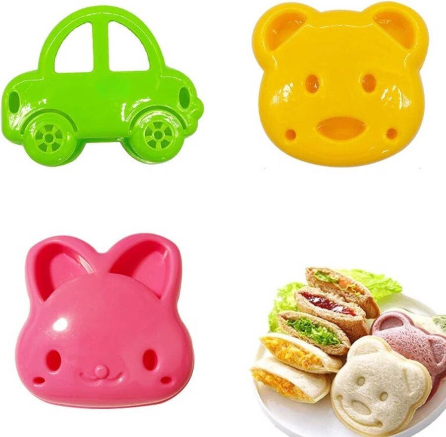 Jacey's TREASURES Set van 3 Broodvormen Uitsteekvormen Brood Vormen Vormpjes Boterham Voor Bentobox en Lunchbox Brood Vormpjes Kinderen Auto Konijn Beer Brood Versieren School Lunch Voor Kids Cutter Snijder Sandwich