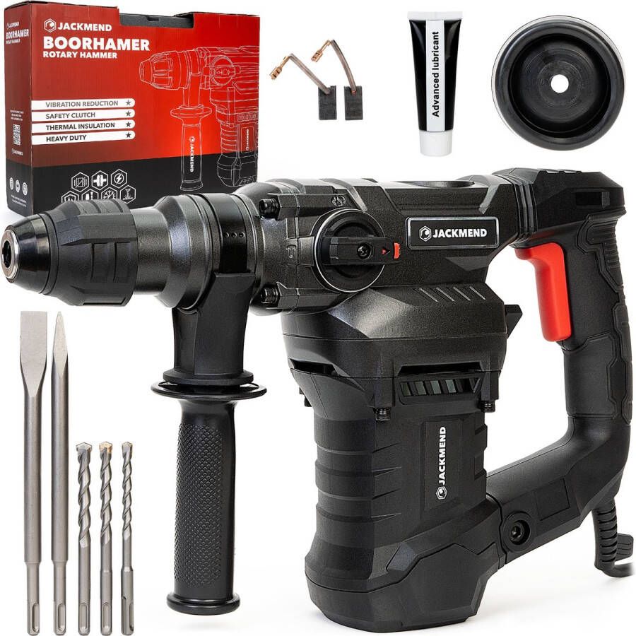 JACKMEND Boorhamer Kit Breekhamer op Snoer 1500W en 6.0J Klopboormachine Incl. 3-Delige SDS-Plus Borenset & 2 SDS-Plus Beitels Geschikt voor Boren Klopboren Betonboren Beitelen Klop Boormachine met 10-Delige Accessoires Set