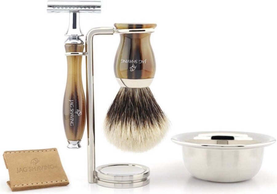 Jag Shaving Handgemaakte premium scheerset voor heren met dubbelzijdig veiligheidsscheermes puur zilver Originele haarborstel standaard en kom Perfect shave-cadeauset