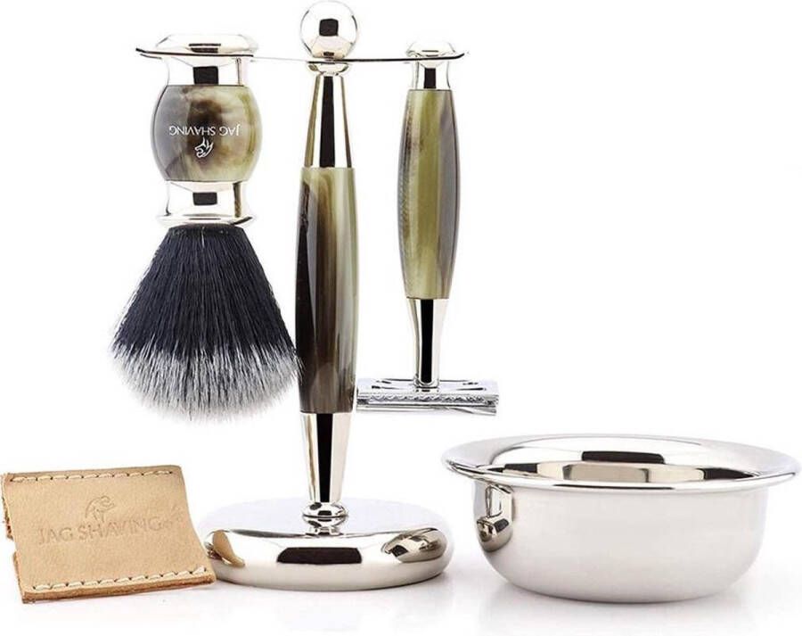 Jag Shaving Scheerset voor heren dubbelzijdig veiligheidsscheermes zwarte synthetische scheerkwast standaard kom en etui voor scheermes perfecte cadeauset (scheerset voor heren)