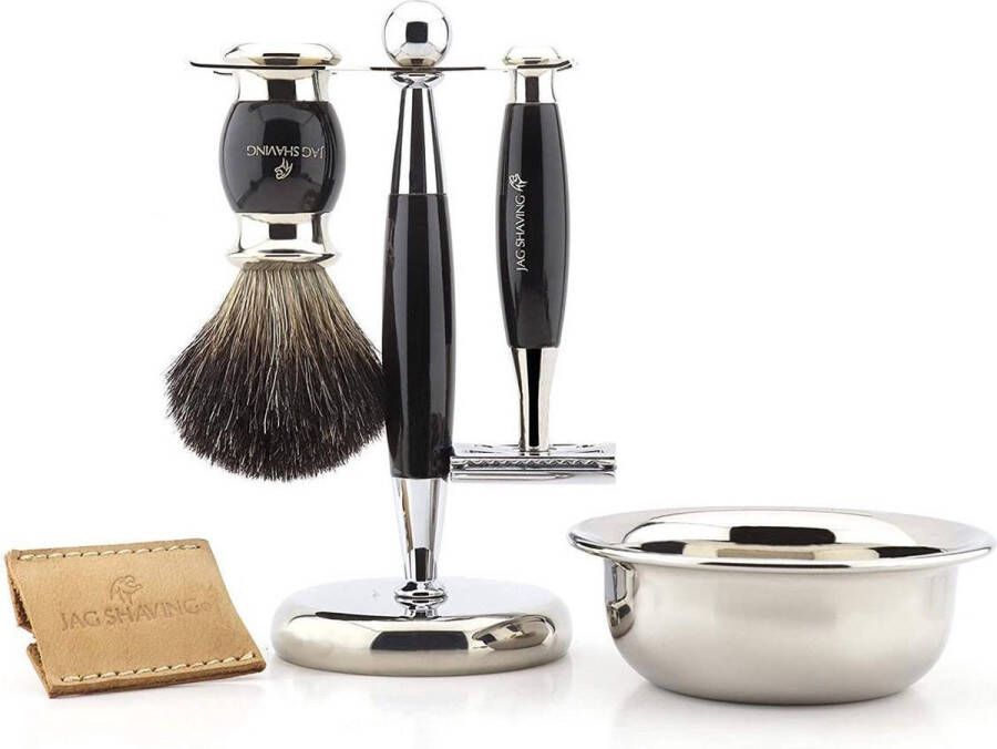 Jag Shaving Luxe heren scheerset met double edge scheermes zuiver Zwart origineel scheerkwast Staan scheerkom en lederen etui voor scheermes perfecte cadeauset