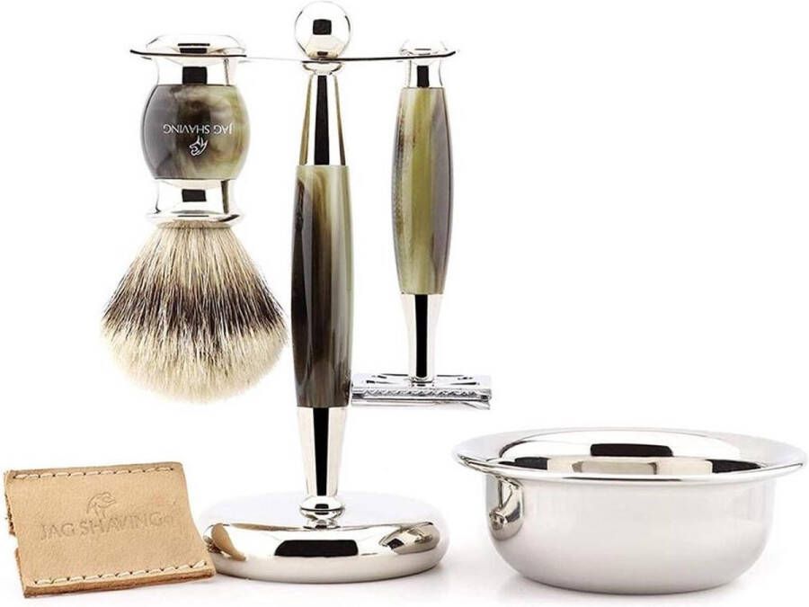 Jag Shaving Luxe scheerset voor heren met dubbelzijdig veiligheidsscheermes scheerkwast met zilveren punt standaard kom en leren etui perfecte cadeauset voor mannen (scheerset voor heren)