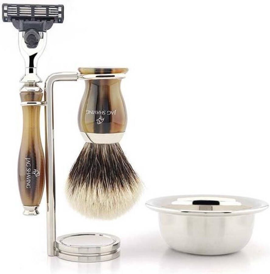 Jag Shaving Luxe Tortilla Brown Handvat Scheerset Wordt geleverd met 3-Edge compatibel scheermes puur zilveren punt originele haarborstel standaard en kom Geweldige cadeauset