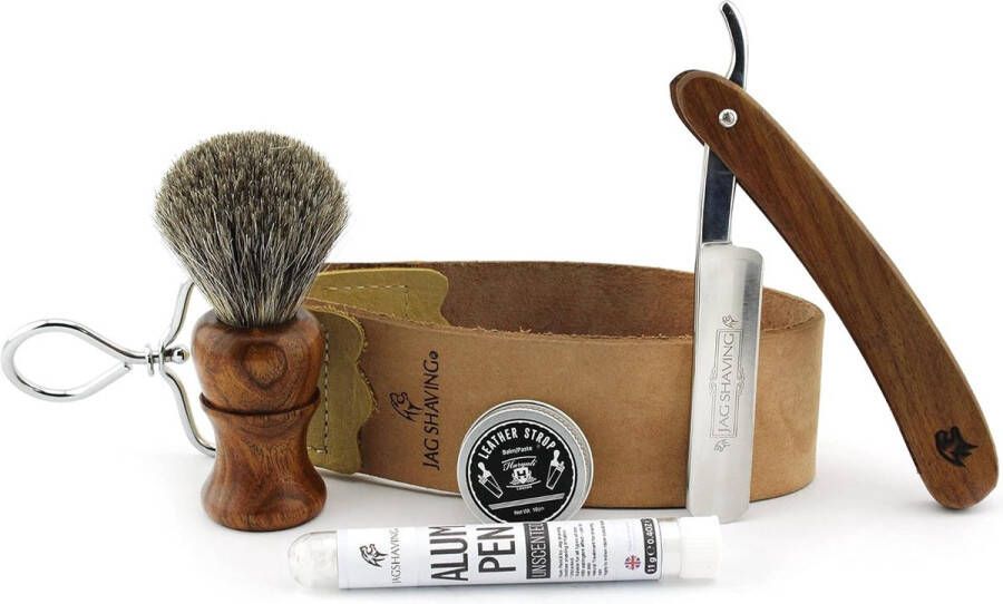 Jag Shaving Set 5 Piece Shaving Set Sustainable Shaving Set Wooden Shaving Brush Razor Leather Strop Abrasive Paste Alum Rod Genuine Peel Off Strop Christmas Gift