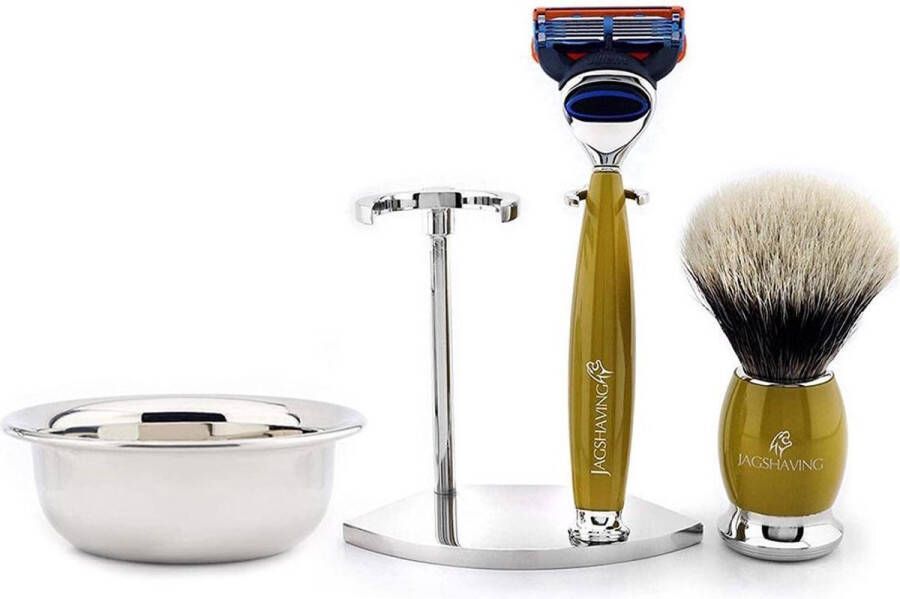 Jag Shaving Scheerset voor mannen Originele haarborstel met zilveren punt compatibel scheermes met 5 randen dubbele roestvrijstalen scheerstandaard en kom Geweldige cadeauset (Men Shaving Set)