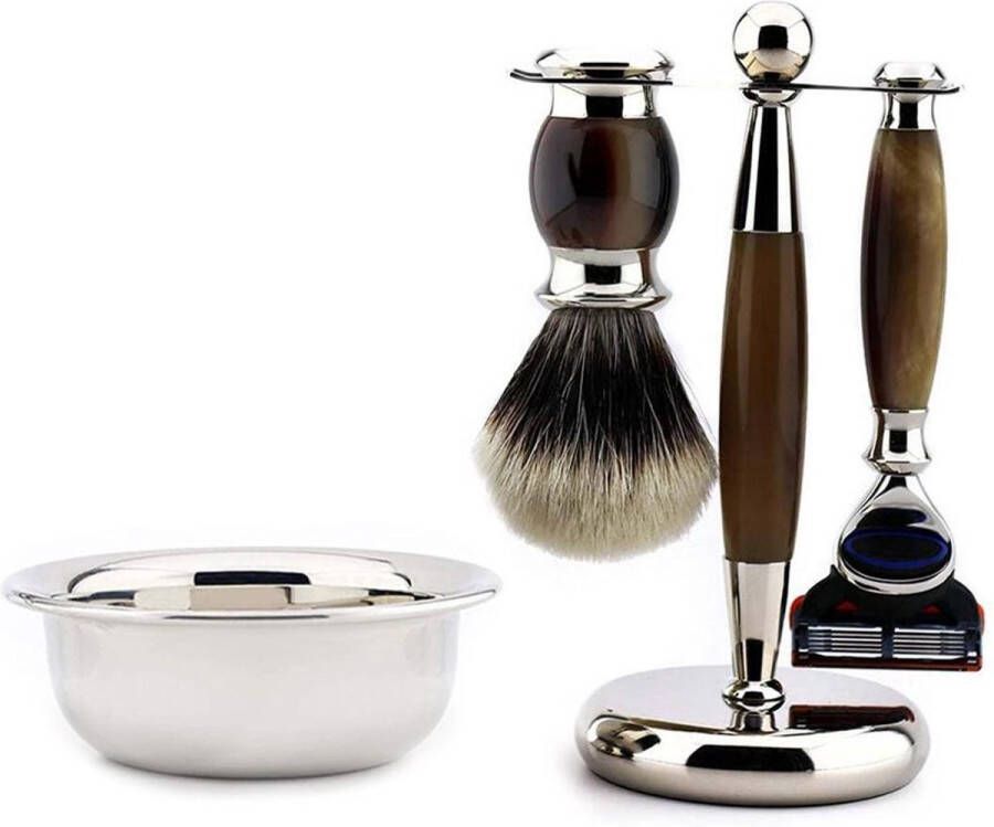 Jag Shaving Scheren geschenkset met zilver tip originele haarborstel 3 rand cartridge compatibel scheermes dubbele staan en Roestvrijstalen kom (Men Shaving Set)