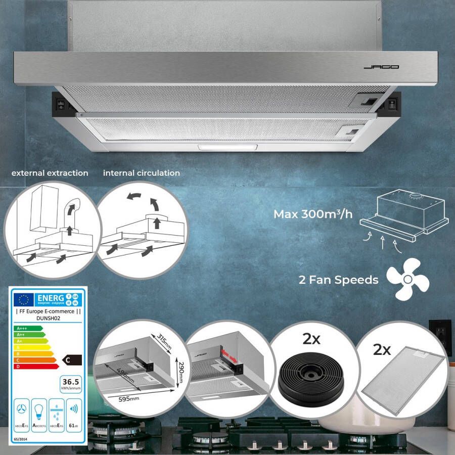 Jago EXTRACTOR KAP Uitlaatluchtcirculatie 2 geactiveerde koolstoffilters 2 blaasposities geventileerd roestvrij staal ingebouwde kap zilver 60 cm