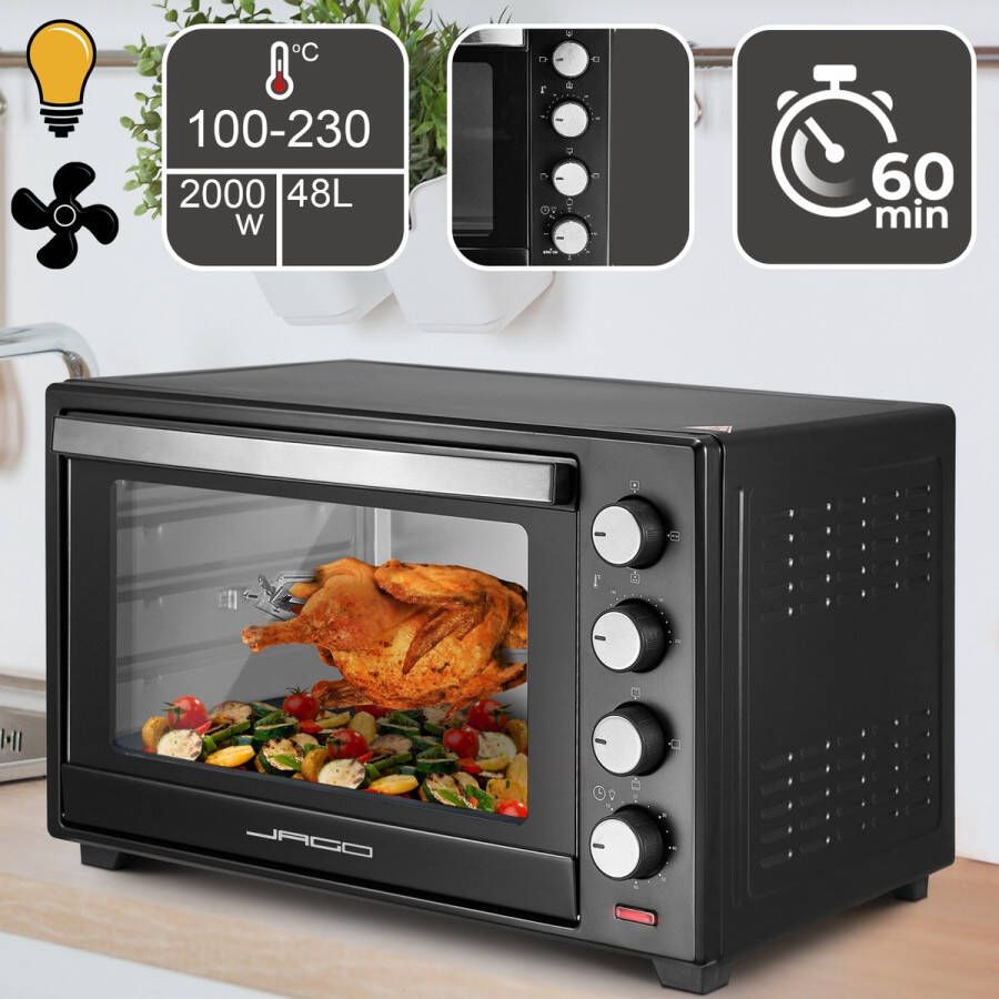 Jago GoodVibes Mini Oven van 48 Liter met Luchtrecirculatie en ingebouwde Timer Binnenverlichting Elektrisch Deuren van Dubbelglas 100-230° 2000W 5 Soorten Verwarming Mini Oven met Roterend Spit Pizza Oven Zwart