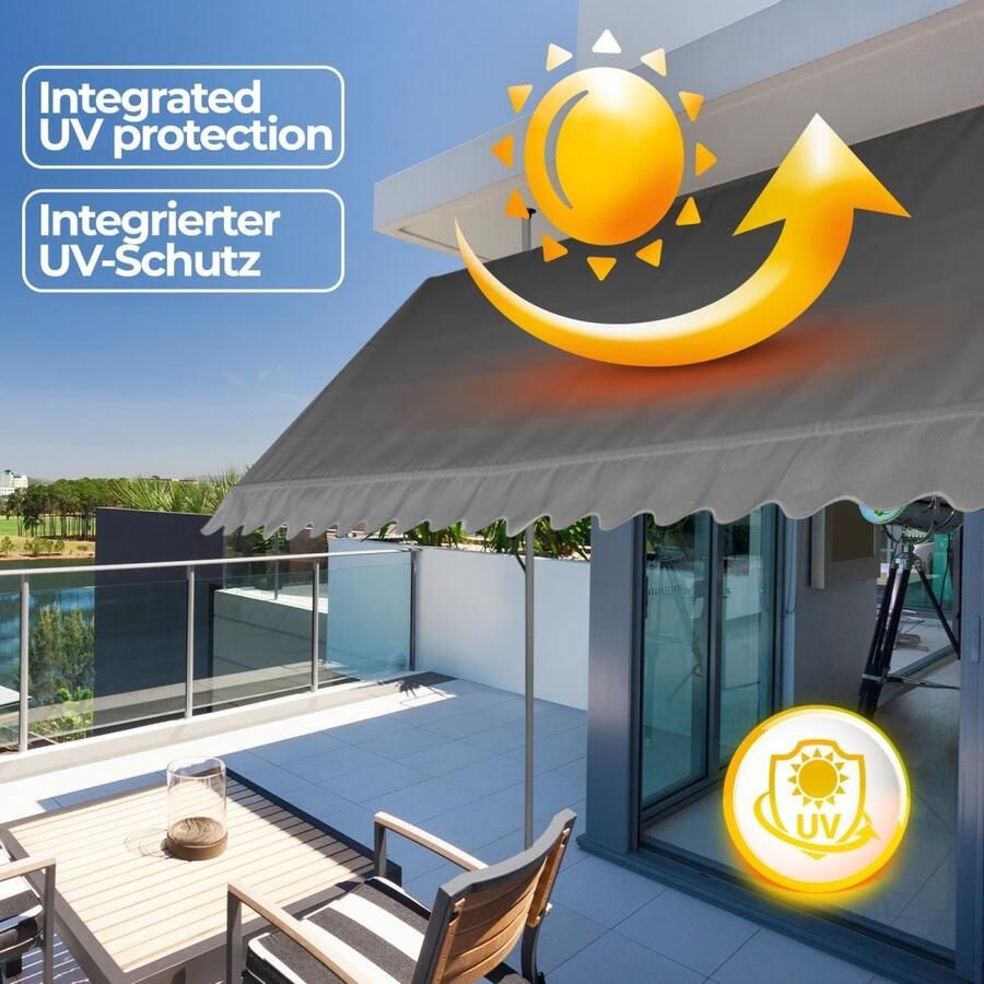 Jago In Hoogte Verstelbare Luifel met UV-bescherming en Slinger 400x80 cm Waterafstotend voor op het Balkon of Terras Zonbescherming Zonnescherm Terrasluifel Antraciet
