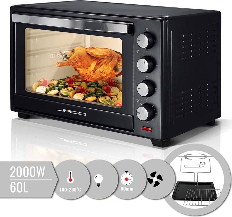 Jago Mini Oven van 60 Liter met Luchtrecirculatie en ingebouwde Timer Binnenverlichting Elektrisch Deuren van Dubbelglas 100-230° 2000W 5 Soorten Verwarming Mini Oven met Roterend Spit Pizza Oven Zwart
